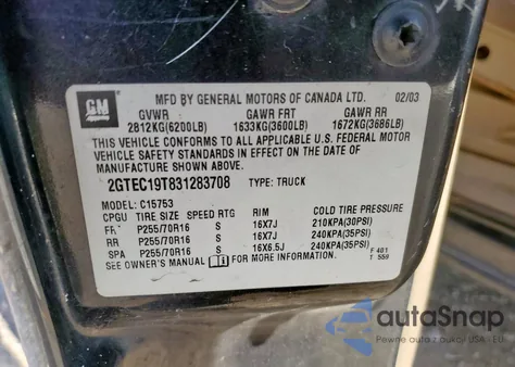 2003 GMC New Sierra C1500 z USA, uszkodzony, nr VIN 2GTEC19T831283708